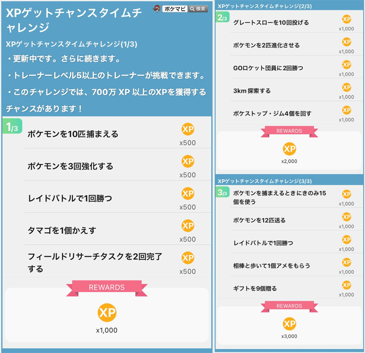 「XPゲットチャンス」イベントの無料タイムチャレンジの3ページ目までの内容が確認されています。

💡トレーナーレベル5以上のトレーナーが挑戦できます。

【リワード】

⭐️700万 XP 以上のXPを獲得するチャンスがあります！

こちらのページを更新中です👇
▼pokemongo-get.com/board/8699/

#ポケモンGO