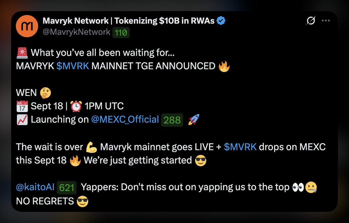 Gomtu.xyz (@gomtu_xyz) on Twitter photo This kaito leaderboard project announced TGE first.
it's <a href="/MavrykNetwork/">Mavryk Network | Tokenizing $10B in RWAs</a>
usually projects like to keep their TGE silent since they don't really know when it's gonna happen.
but these guys have everything planned out already,
and they are going for it!
will look into $MVRK :D This kaito leaderboard project announced TGE first.
it's <a href="/MavrykNetwork/">Mavryk Network | Tokenizing $10B in RWAs</a>
usually projects like to keep their TGE silent since they don't really know when it's gonna happen.
but these guys have everything planned out already,
and they are going for it!
will look into $MVRK :D