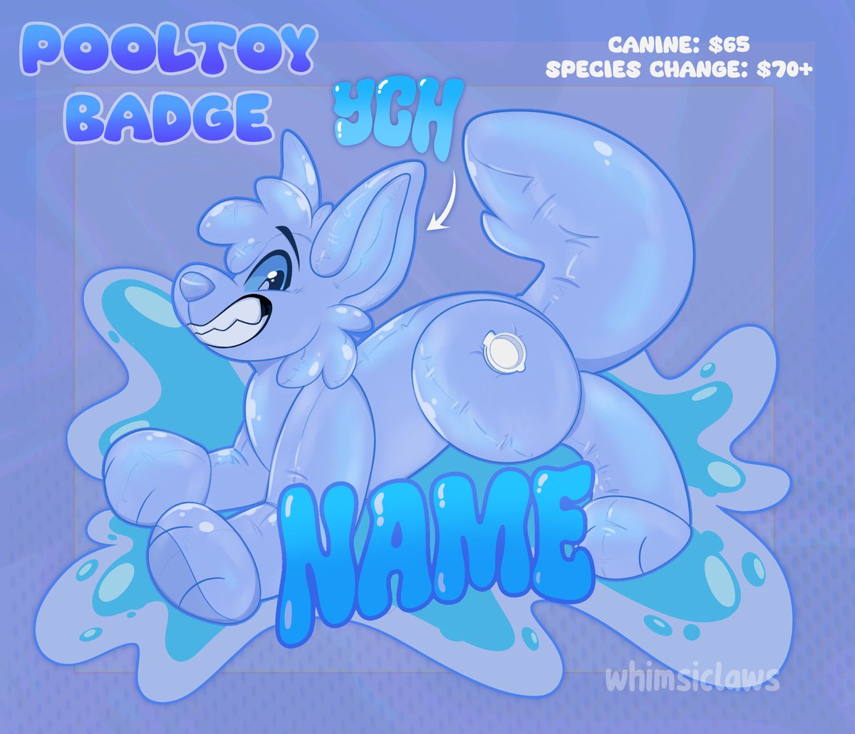 💦POOLTOY BADGE YCH 🫧
✨STARTS at $6️⃣5️⃣
✨ANY species (non canine will be $7️⃣0️⃣+ fee depending on changes) 
✨unlimited slots (until otherwise stated)
✨ No clothes (small accessories are OK!)
✨ Your character will be made quad for this YCH
🩵RT’s appreciated, thank you!🩵