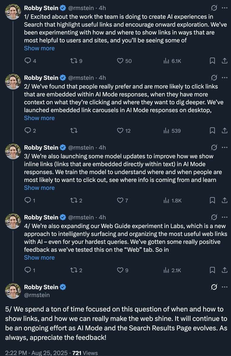 Barry Schwartz (@rustybrick) on Twitter photo Google's <a href="/rmstein/">Robby Stein</a> says Google is testing changes to AI Mode to encourage clicks and engagement to publishers and websites seroundtable.com/google-tests-a… Google's <a href="/rmstein/">Robby Stein</a> says Google is testing changes to AI Mode to encourage clicks and engagement to publishers and websites seroundtable.com/google-tests-a…