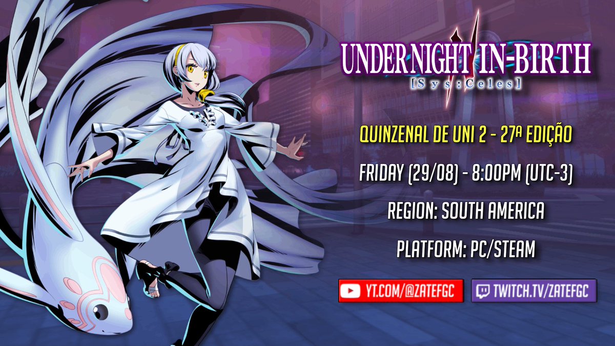 Inscrições abertas para o Quinzenal Nº27 de UNI 2 Sys:Celes!

Data: Sexta (29/08) às 20h (UTC-3)
Inscrição: challonge.com/quni2sc27
Discord: discord.gg/Az7uQUU
Stream: Zatefgc (TTV e YT)

O 1º quinzas do novo patch e da Izumi, pré-Comitê Arena🐟🫧
Abierto a toda Sudamerica!