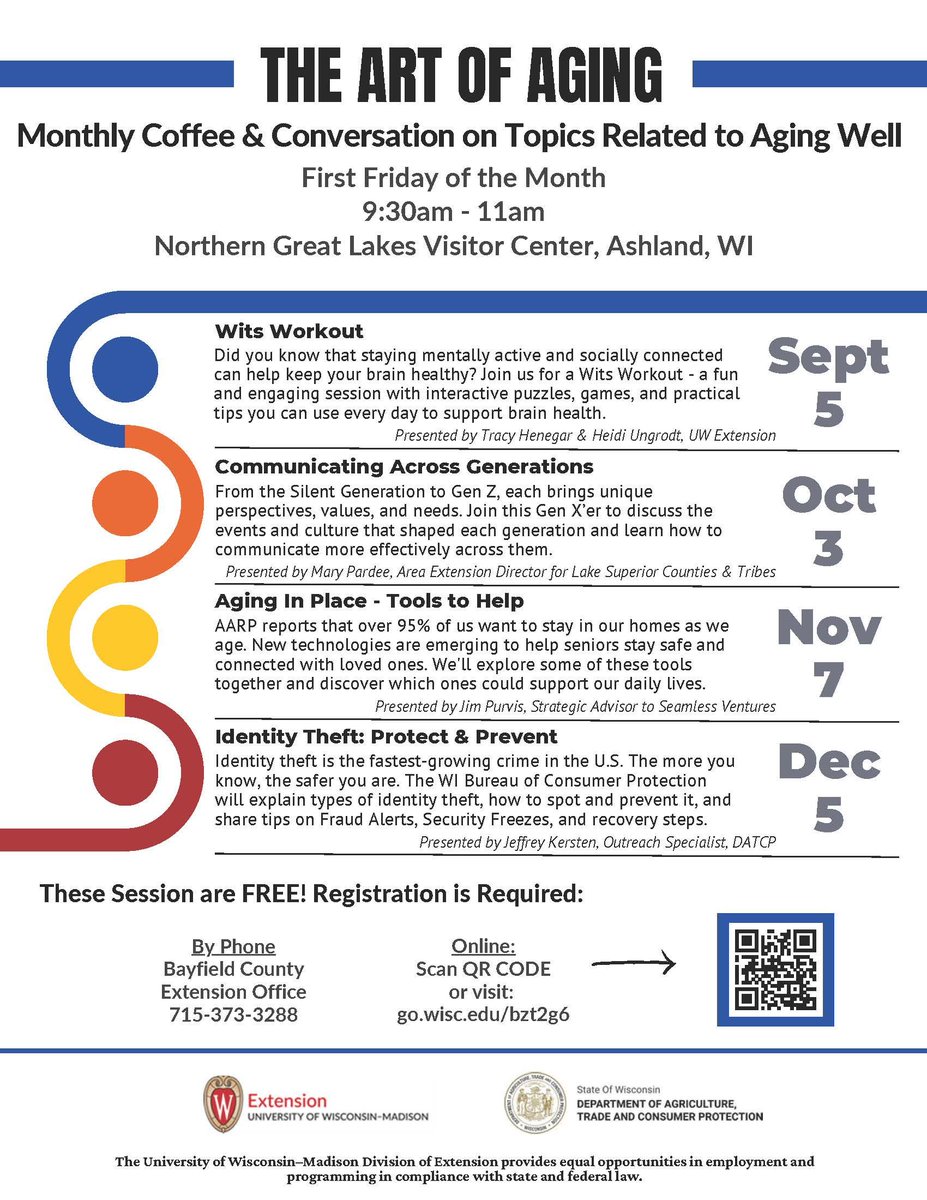 The Art of Aging! Free sessions, but Registration is required. Sessions are Free! Registration is required go.wisc.edu/bzt2g6 
1st Friday of the Month, 9:30 am-Northern Great Lakes Visitors Center