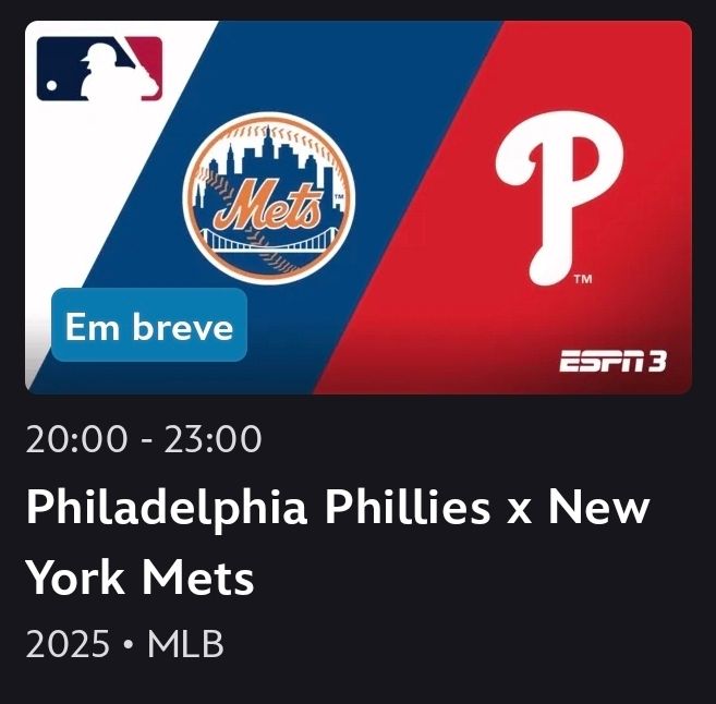 #MLBnaESPN Tem clássico da MLB nesta segunda. New York Mets e Philadelphia Phillies em confronto direto pelo título da divisão. Narração de Matheus Pinheiro na ESPN 3 e no Disney+