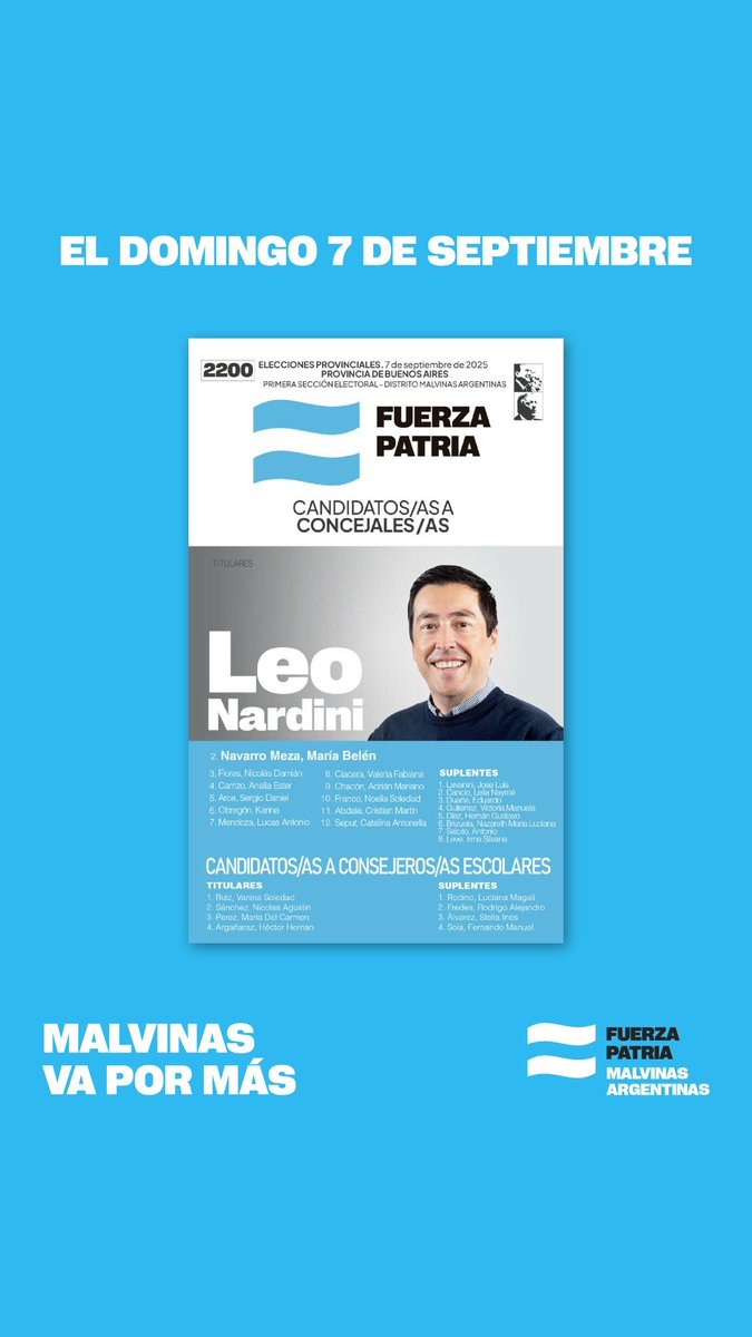 Este domingo 7 de septiembre, con esta boleta de Fuerza Patria, Malvinas va por más 🗳️🇦🇷.

#MalvinasVaPorMás