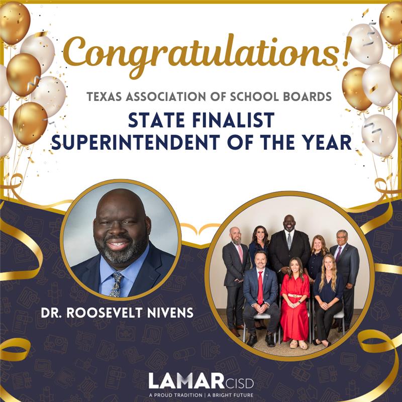 We are #LamarCISDProud to celebrate Dr. Roosevelt Nivens for being named top five state finalist for the prestigious Superintendent of the Year award by TASB.🎉🌟

Read more:
🔗bit.ly/4n4hyZW