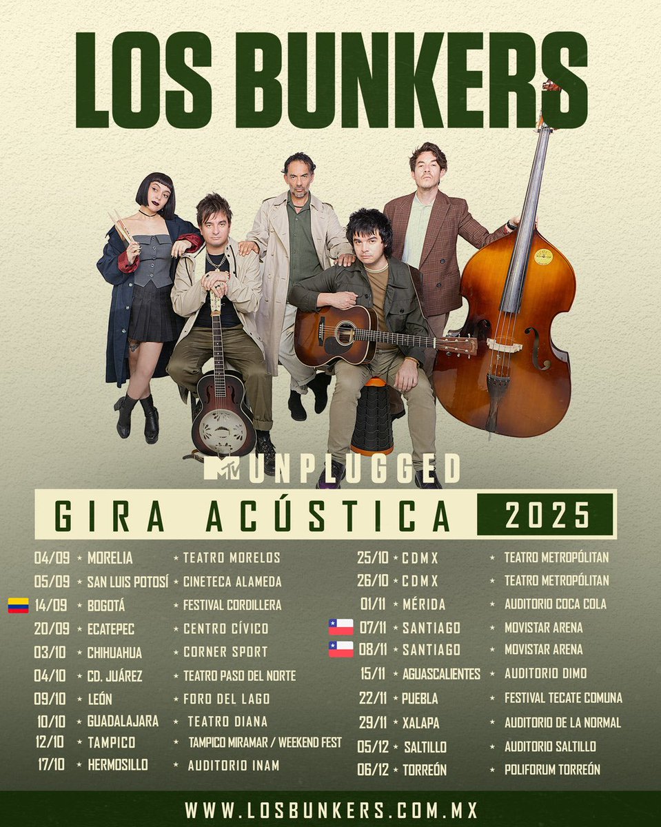 Nos vemos muy pronto para continuar con la #GiraAcústica 💥Estamos muy felices de compartir con ustedes un repertorio que reúne las canciones del #MTVUnpluggedLosBunkers y otras más en formato acústico. 🎶

#LosBunkers #México #Colombia #Chile