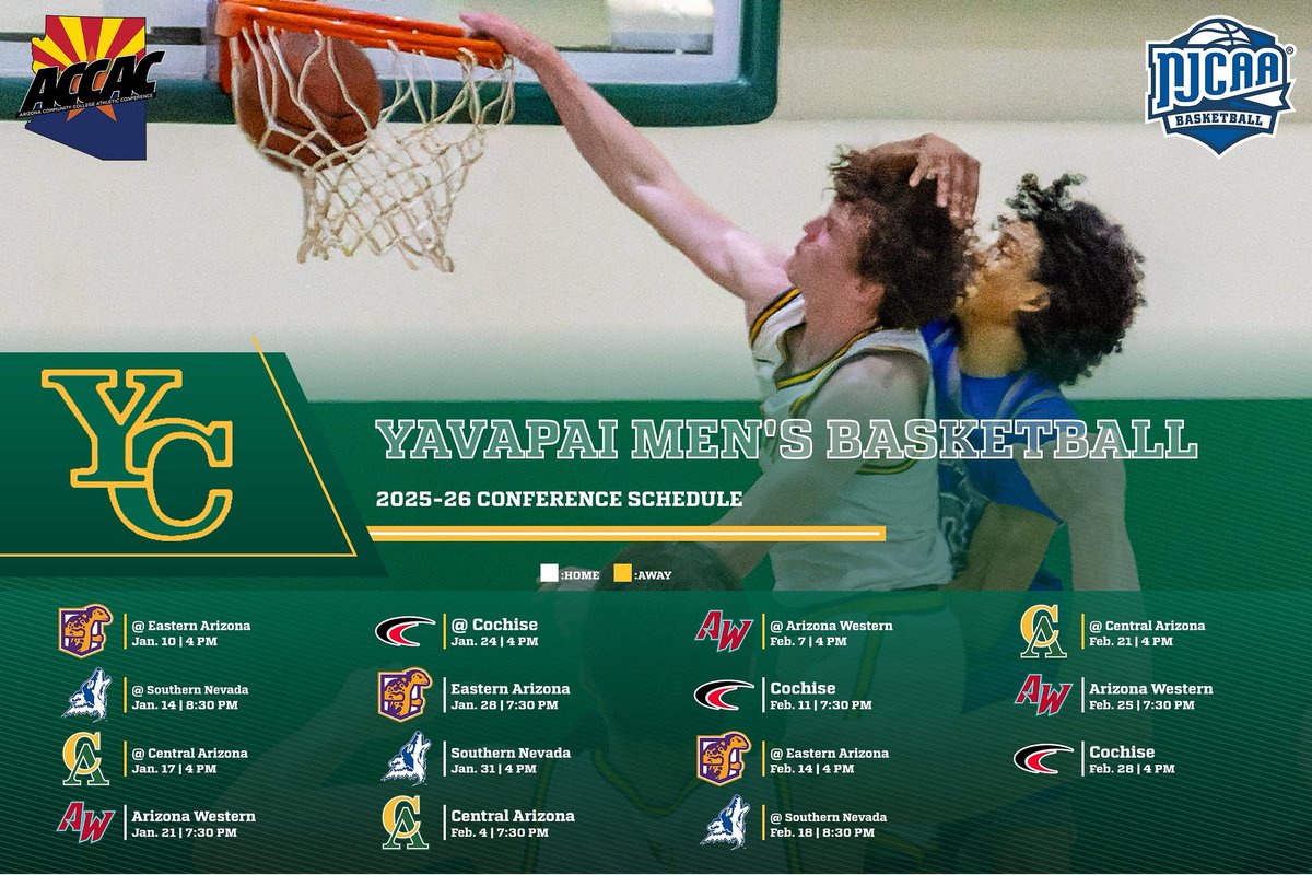 Yavapai College Men’s Basketball (@ycmbasketball) on Twitter photo Our 2025-2026 full schedule is here! Our 2025-2026 full schedule is here!