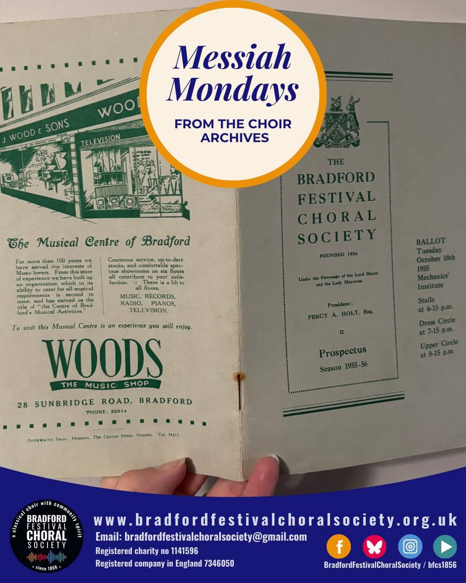 📜 Messiah Mondays: A gem from 1955–56! Featuring Handel’s Messiah &amp; a nostalgic ad from Woods The Music Shop—still fondly missed in Bradford. 💛 As we near our 170th season, we’re seeking sponsors to join our story. Interested? Email: bradfordfestivalchoralsociety@gmail.com