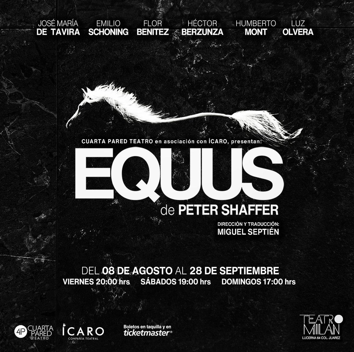 ¡Estamos por llegar a la mitad de temporada de #Equus! No te la pierdas 🐎

📅 Viernes 8:00 p.m. Sábado 7:00 p.m. Domingo 5:00 p.m.
🎭 Teatro Milán
🎟️ Taquilla y bit.ly/45s2Kie
