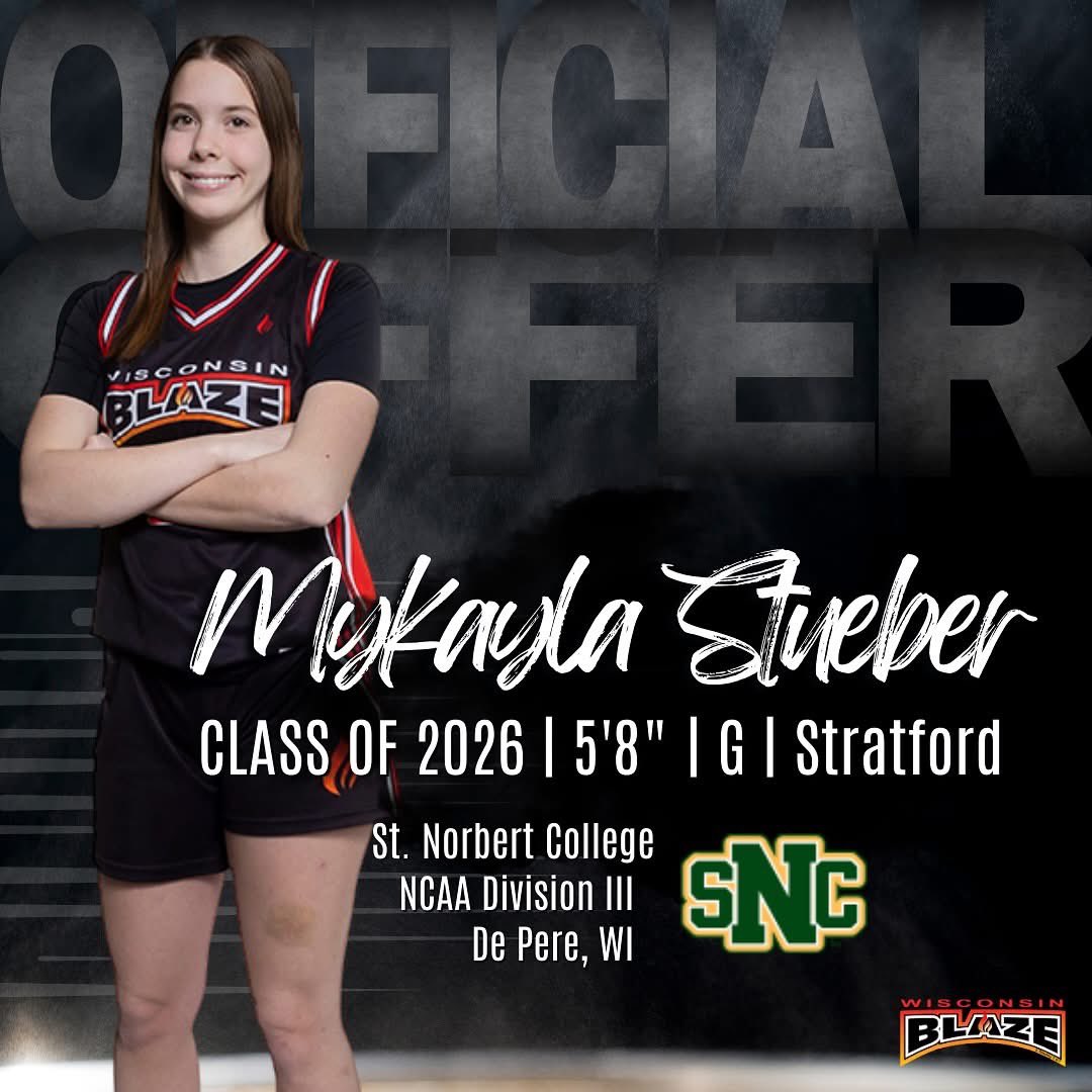 Congrats to Mykayla Steuber(2026 | Stratford | 5’8 | G) on receiving an official offer to continue her athletic career at NCAA Division III St. Norbert College! Thank you to all of the coaches and staff at SNC for the offer #BeTheFlame🔥🏀 <a href="/MyKaylaStueber/">MyKayla Stueber</a> <a href="/SNCWBB/">St. Norbert College Women’s Basketball</a>