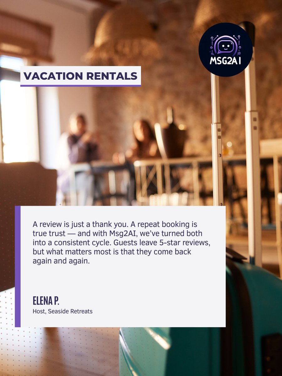 msg2ai's tweet image. ⭐ Happy guests leave reviews.
 🔁 Smart hosts turn them into repeat bookings.
 Msg2AI makes it easy — instant replies, loyal guests, more rebookings.
 📅 Book your demo today at msg2ai.xyz
#VacationRental #SmartHosting #AIForHosts