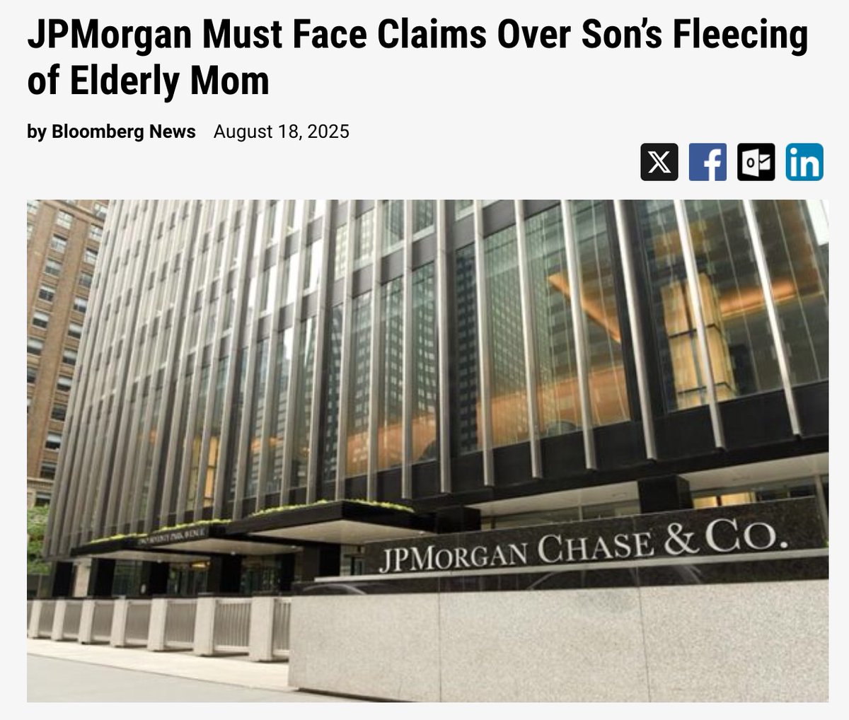 JPMorgan y el robo a una clienta, por parte de su hijo.

Introducción.
Un caso reciente en Estados Unidos pone en el centro del debate la responsabilidad de las instituciones financieras frente a clientes vulnerables. Una mujer de 85 años acusa a JPMorgan de no haber protegido