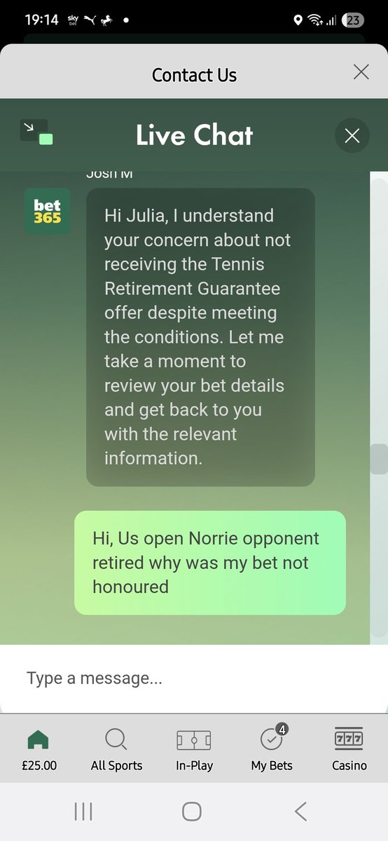 Jules80956084's tweet photo. @bet365 Hey, so Norrie was 2 sets up &amp; because my bet was placed just before I don't qualify for the player retirement guarantee, despite being told I was eligable https://t.co/z84IRq5K1l