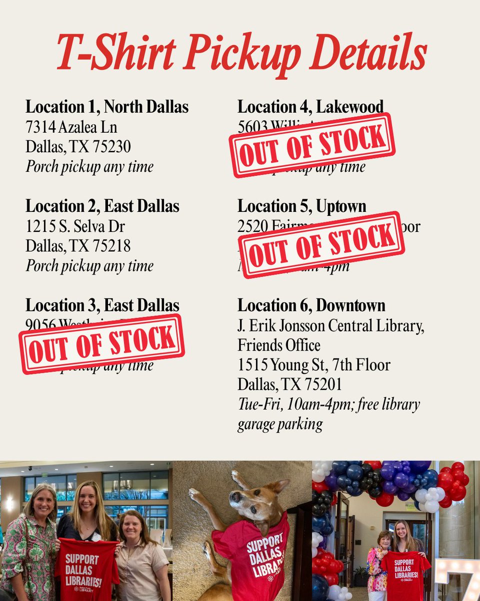 FODPL's tweet image. 👕 Dallas showed UP! 3 of 6 shirt pick-up spots are out &amp;amp; others have limited sizes. Restock coming midweek — stay tuned! 📚❤️ #WearRedForLibraries #DallasLibraries #StopTheCuts #WeNeedLibraries