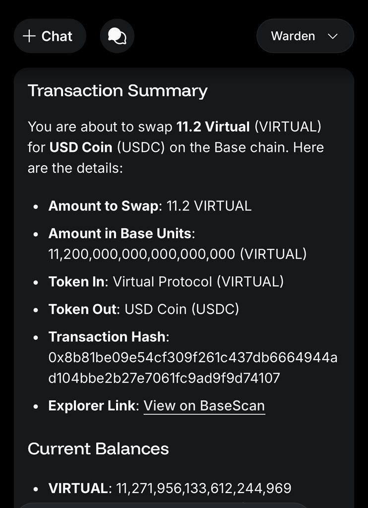DAY 60 of interacting with <a href="/wardenprotocol/">Warden</a> app

- logged in to warden app  

- interact with  Warden Ai agent

- swap (Swapped $USDC to $PEPE today)

- swap again for four times (Swapped $USDC to $VIRTUAL )

- play Games (played agentic snake today)

- Tweet about how today’s
