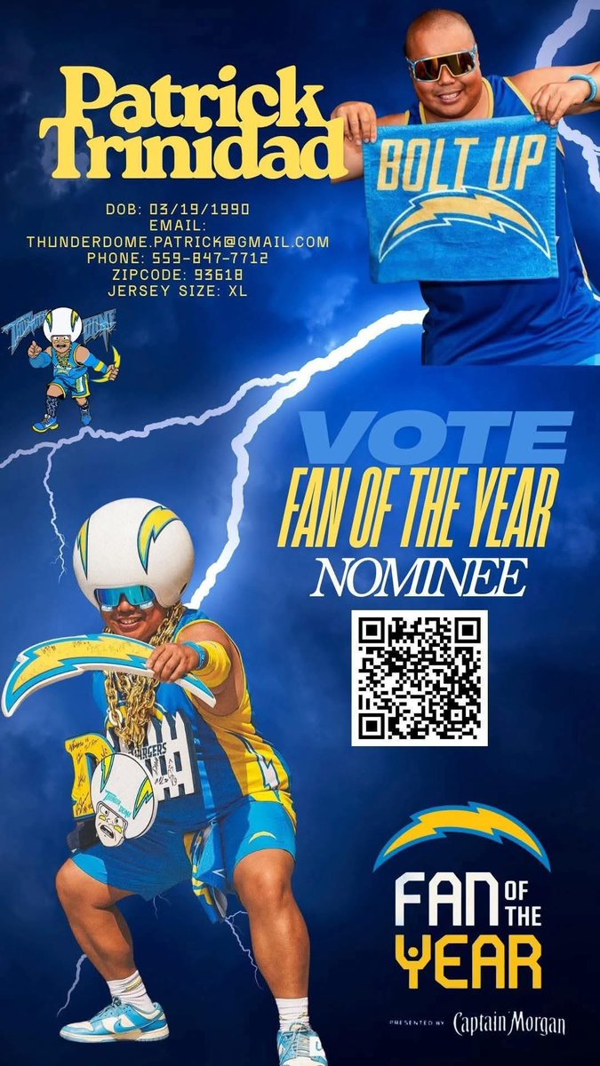 EA_Tailgate's tweet photo. Patric “Thunderdome” Trinidad has Electric Avenue’s vote for fan of the year! #Boltup #NFLFANOFTHEYEAR #captainmorgan #NFL #ElectricAvenue https://t.co/5IVj1Zg2eo