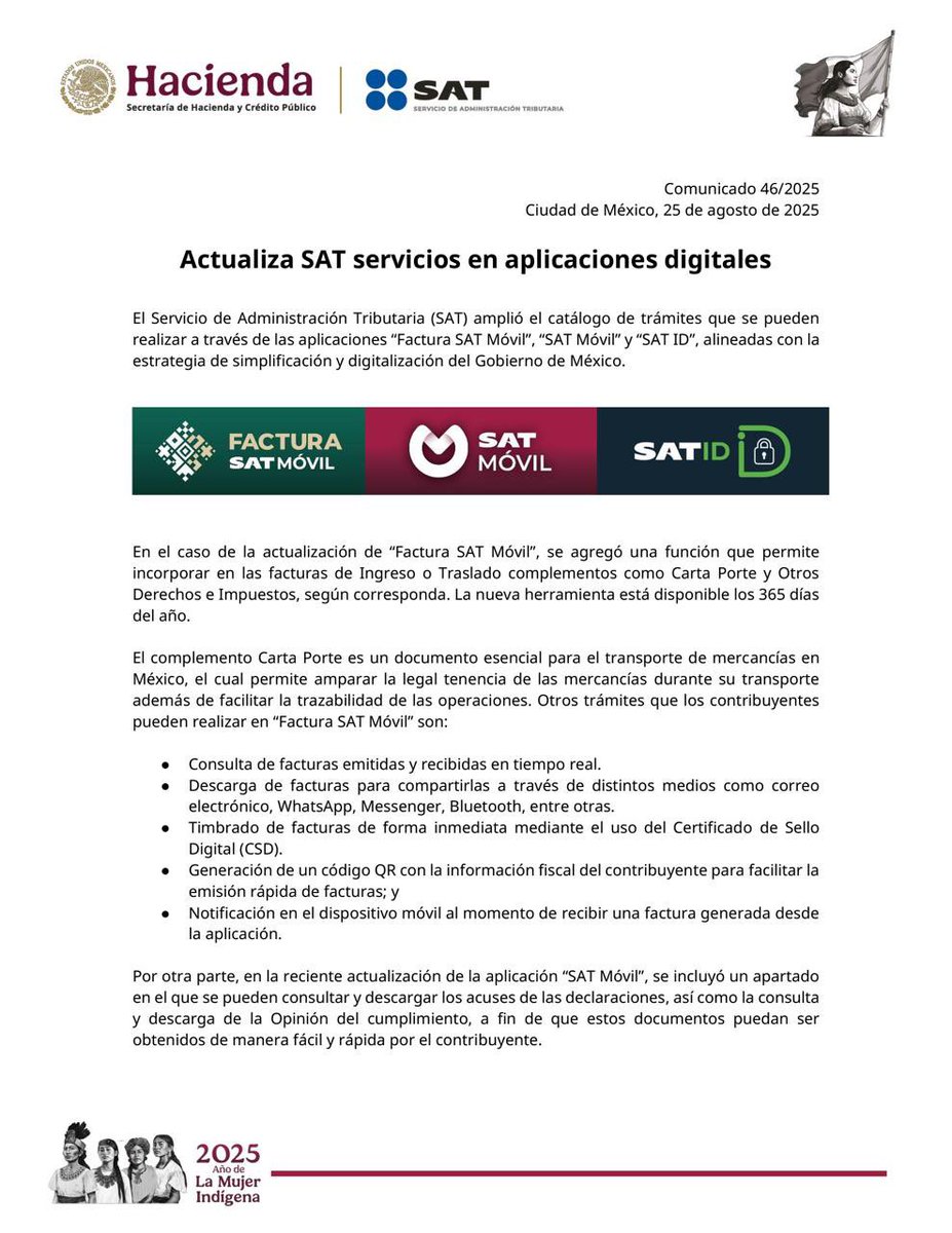 SATMX's tweet photo. #ComunicadoSAT

El SAT informa que amplió los trámites disponibles en sus aplicaciones móviles, para que las y los contribuyentes puedan emitir facturas con complementos, consultar declaraciones, descargar la Opinión del cumplimiento o generar la Constancia de Situación Fiscal.

Estas aplicaciones se pueden descargar de forma gratuita en Google Play y App Store, o utilizarse desde cualquier navegador en el caso de SAT ID.

Estas acciones se alinean con la estrategia de simplificación y digitalización impulsada por el Gobierno de México, con el propósito de facilitar el cumplimiento de las obligaciones fiscales y contribuir al desarrollo de Mexico.