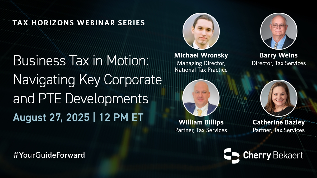 The 2025 Reconciliation Act is reshaping federal tax rules—are your entity-level strategies ready? Join Cherry Bekaert’s Tax Services team for a CPE-eligible session covering key changes, planning strategies, and compliance insights. Register now to stay ahead.