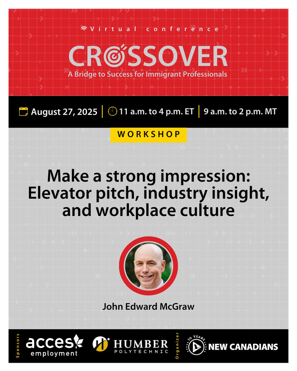 Workshop sneak peek at #Crossover2025 – Aug 27 | FREE event for #SkilledImmigrants in #Canada!

🎤Make a strong impression: Elevator pitch, industry insight &amp; workplace culture by Multicultural Workplace Expert, John Edward McGraw.
 
👉 Register: buff.ly/WVnC2k4

#CdnImm