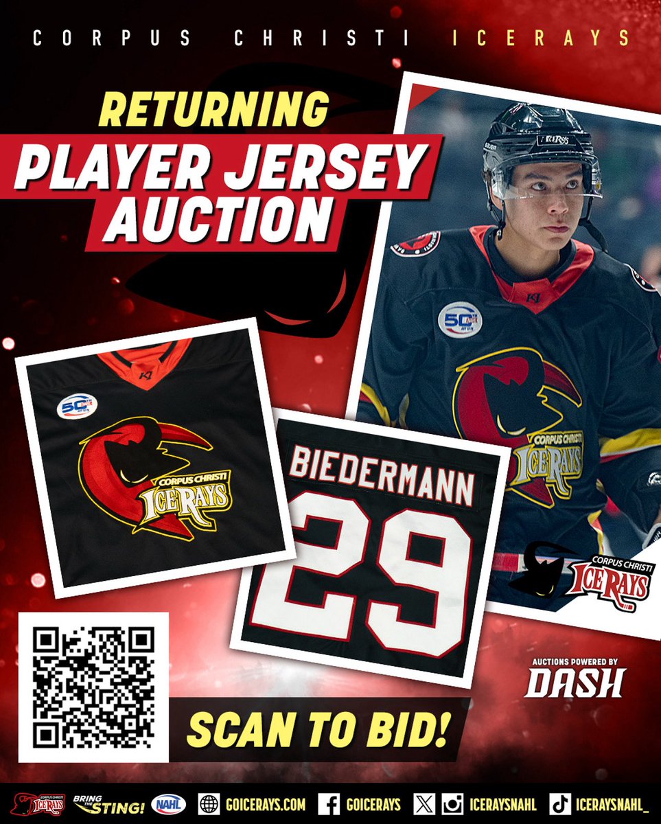 📣 In honor of IceRays Training Camp in session, we’re auctioning off a returning player’s game-worn jersey – Billy Biedermann #29! 📣

🗓 Auction Start: Today, Monday, Aug. 25 at 2 PM CST
🗓 Auction End: Saturday, Aug. 30 at 2 PM CST
Place your bid here: fans.winwithdash.com/auction/68a752…