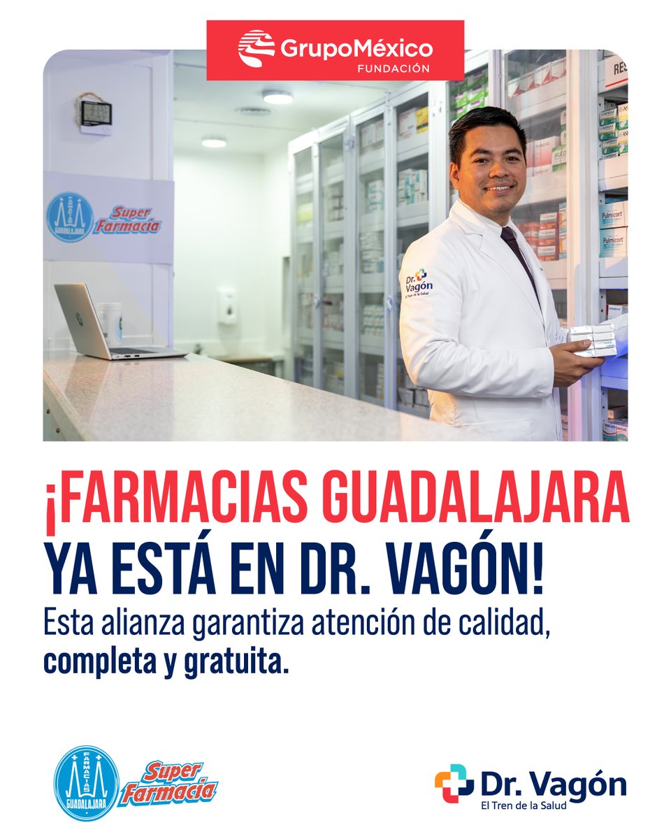 Dr. Vagón - Fundación Grupo México (@drvagon_) on Twitter photo El futuro de Dr. Vagón está más claro que nunca: fortalecer nuestra misión de llevar servicios de salud y medicamentos gratuitos de calidad a más mexicanos.
Esto lo haremos en alianza con <a href="/FarmaciasGdl/">Farmacias Guadalajara</a>.
#GrupoMéxico <a href="/FundacionGM/">FundaciónGrupoMéxico</a> <a href="/GMexico_oficial/">Grupo México</a> El futuro de Dr. Vagón está más claro que nunca: fortalecer nuestra misión de llevar servicios de salud y medicamentos gratuitos de calidad a más mexicanos.
Esto lo haremos en alianza con <a href="/FarmaciasGdl/">Farmacias Guadalajara</a>.
#GrupoMéxico <a href="/FundacionGM/">FundaciónGrupoMéxico</a> <a href="/GMexico_oficial/">Grupo México</a>