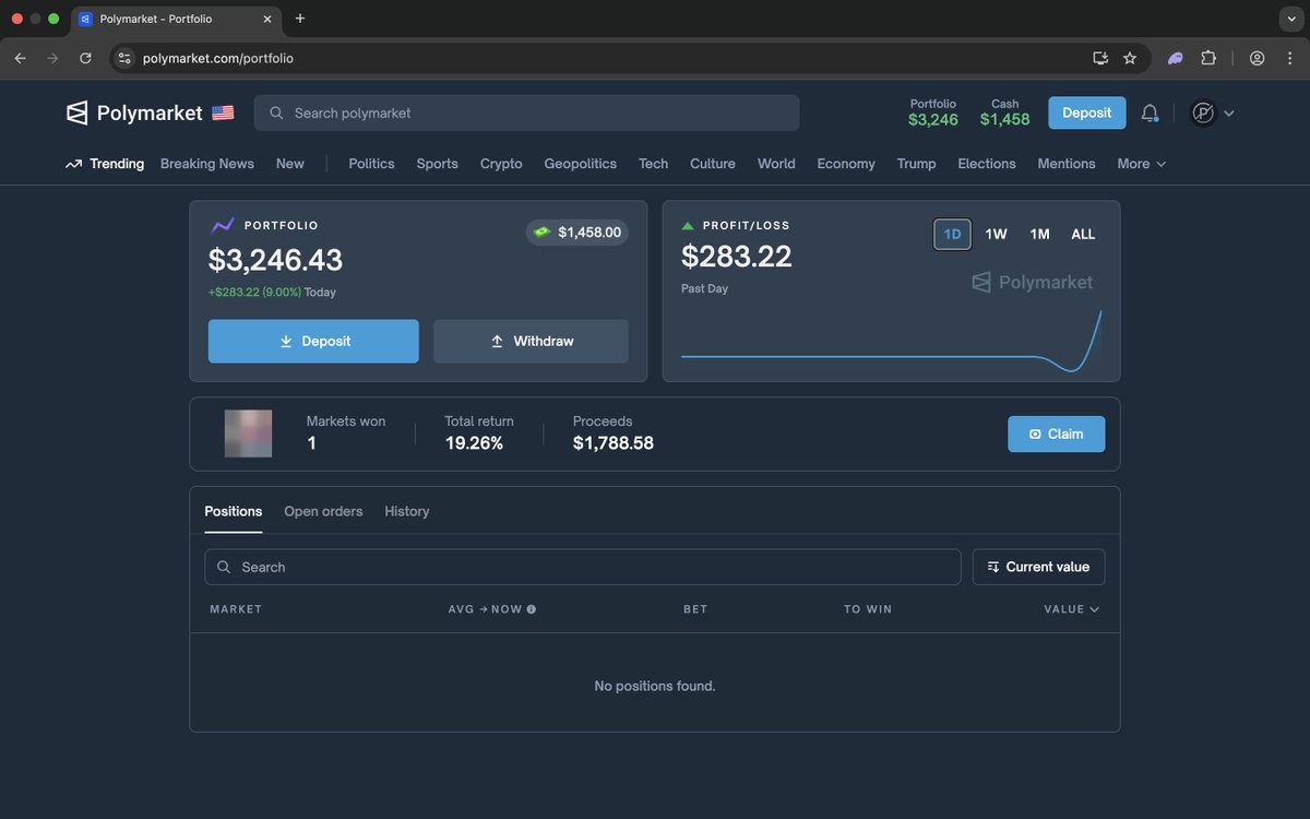OffPredictAlpha's tweet image. 📊 Portfolio Update 📊

Started the week big with a juicy profit: +$288 💵

That’s a 19.26% ROI 🚀

Consistency pays. Compounding never sleeps. 🦅

#Polymarket #CryptoTrading #PredictionMarkets