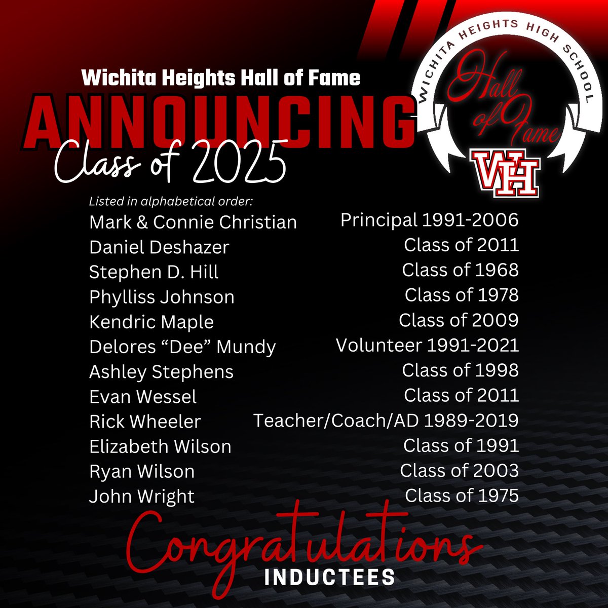 Please join us in welcoming the 2024 inductee’s into the Wichita Heights High School Hall of Fame! The annual Red and Black Banquet honoring these inductee’s will take place during alumni weekend at Wichita Heights on October 19, 2024.