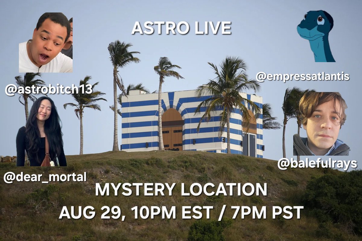 We will be posted up in a mystery location, somewhere in Los Angeles with a table and sign that says "free astrology readings," reading any passerby to absolute filth. This Friday, 10pm eastern, 7pm pacific. Don't miss it!
<a href="/Astrobitch13/">Astrobitch ♋ ♓ ♎</a>
<a href="/empressatlantis/">🔱 Empress Atlantis 🔱</a>
<a href="/dear_mortal/">h♀︎pe</a>
<a href="/balefulrays/">alex harper ♃</a>