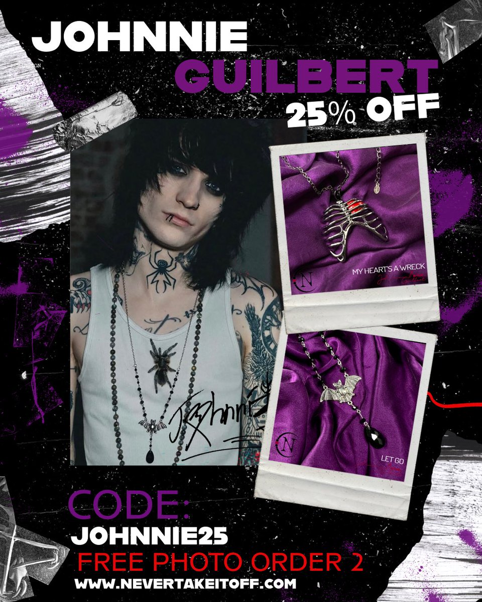 ENDS MIDNIGHT‼️🕛 
Order any 2 pieces from <a href="/JohnnieGuilbert/">Johnnie Guilbert</a>’s page and get a SIGNATURE SELFIE for FREE! Use code: JOHNNIE25 for 25% OFF his entire line too. 💜🕷️🩸
📸: <a href="/NixxNas/">NAS NIXX</a> 
Johnnie-Guilbert.NeverTakeItOff.com