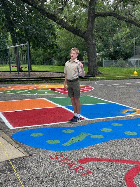 We are so thankful that one of our former students, Will, decided to include us in his Eagle Scout project. Will, with the help of family and friends, worked hard through a rainy week to make this piece of concrete on our playground come alive for our students to enjoy:)