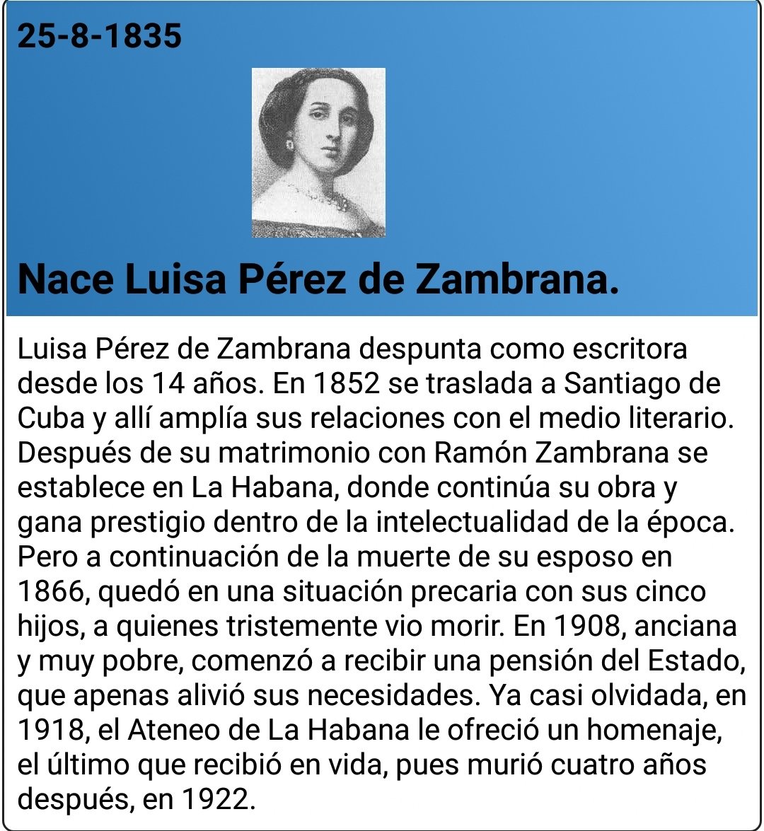 Memoramos hoy el natalicio de ña poetisa Luisa Pérez de Zambrana, una de las más distinguidas representaciones del romanticismo en la literatura cubana. Considerada una de las poetisas de las que se dice “nació con el don de la poesía”. #CubaEsCultura #CiegodeAvila #CubaMined.