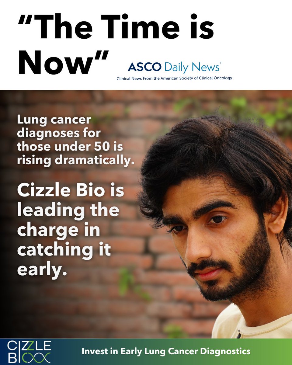 CizzleBio's tweet photo. Lung cancer is rising in younger adults, and many are diagnosed too late.
A new ASCO article urges better early detection tools.

Cizzle Bio is advancing a patented biomarker blood test to catch lung cancer early and make detection more accessible.
https://t.co/050nARFWSk https://t.co/d8Kfhr0low
