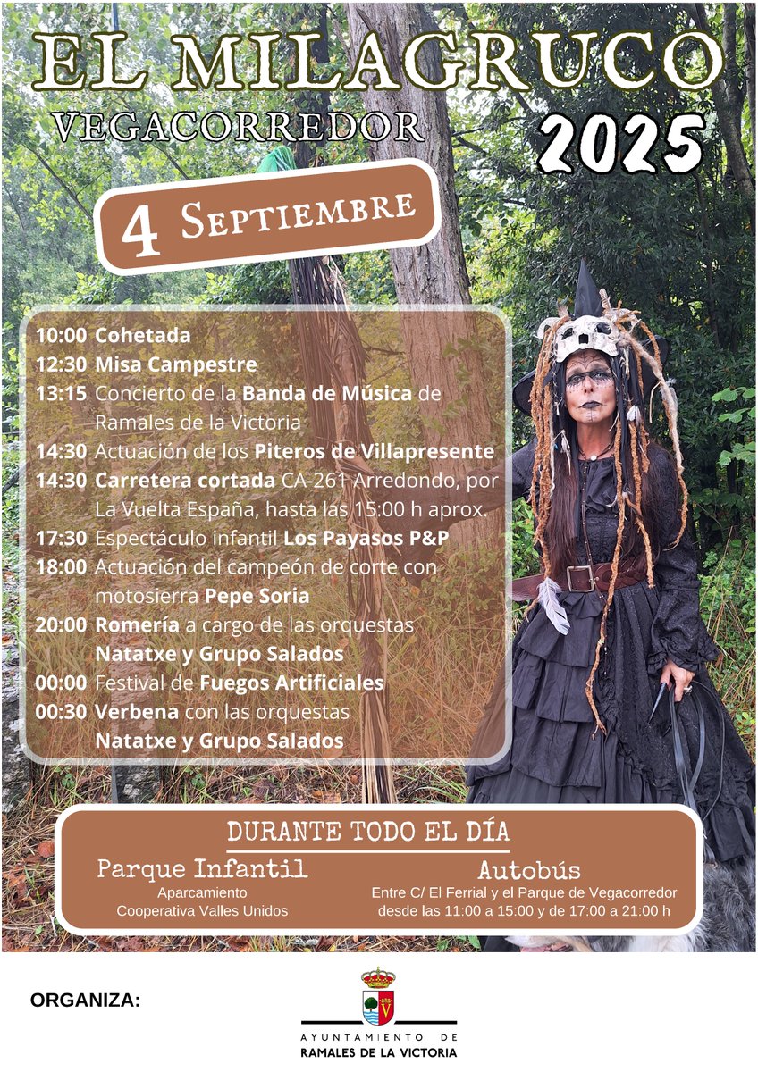 🧙‍♀ El MILAGRUCO 🎉
Programación de fiestas
📅 Jueves 4 de septiembre 2025, en el parque de Vegacorredor.

Durante todo el día, parque infantil y microbús desde Ramales para acceder al recinto.

#Ramales #RamalesdelaVictoria #Vegacorredor #Milagruco2025 #Milagrucu