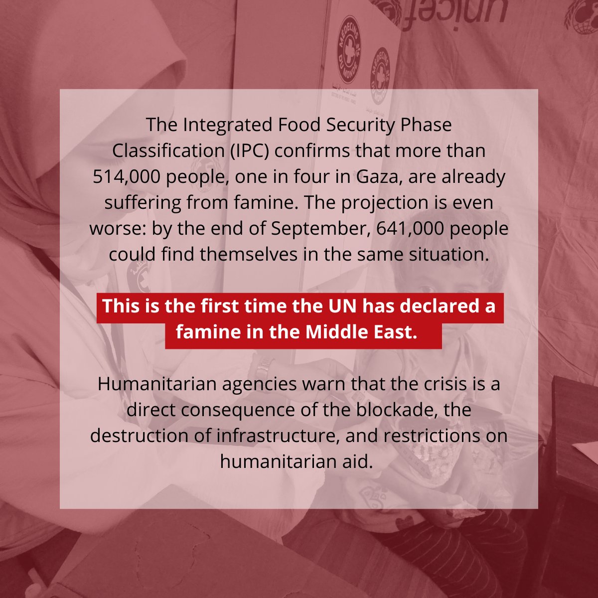 _MdMUSA's tweet image. 🚨 Famine has been declared in Gaza for the first time. Children &amp;amp; pregnant women are already suffering from acute malnutrition. Without immediate humanitarian access &amp;amp; a ceasefire, countless lives will be lost. Gaza cannot wait.

#Emergency #GazaFamine #ActforHumanity