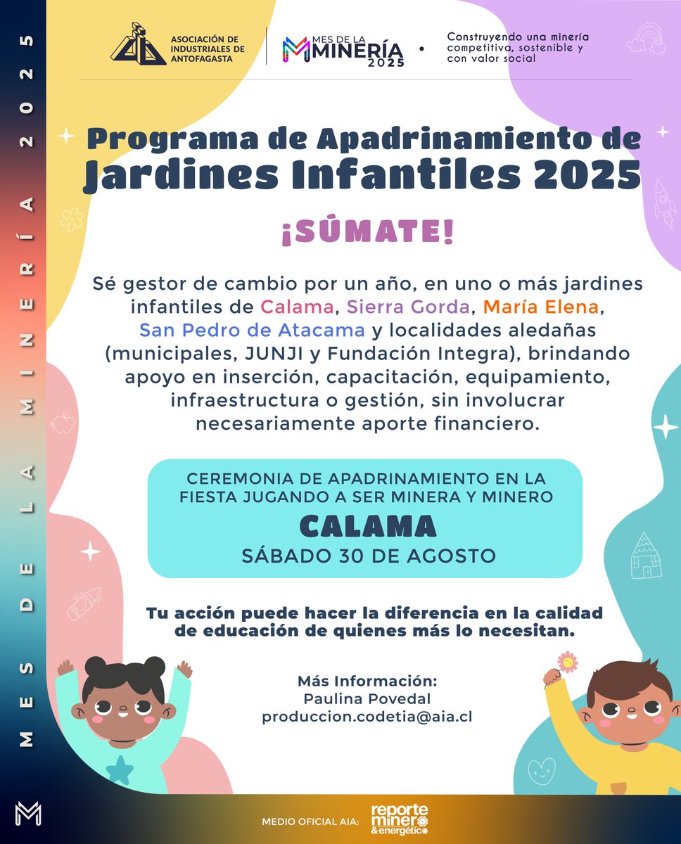 ¡Últimos días!, súmate al programa de apadrinamiento 2025 y transfórmate en un aporte para la primera infancia regional.

#Calama #Minería #MesDeLaMinería #EducaciónInicial #PrimeraInfancia #MaríaElena #SierraGorda