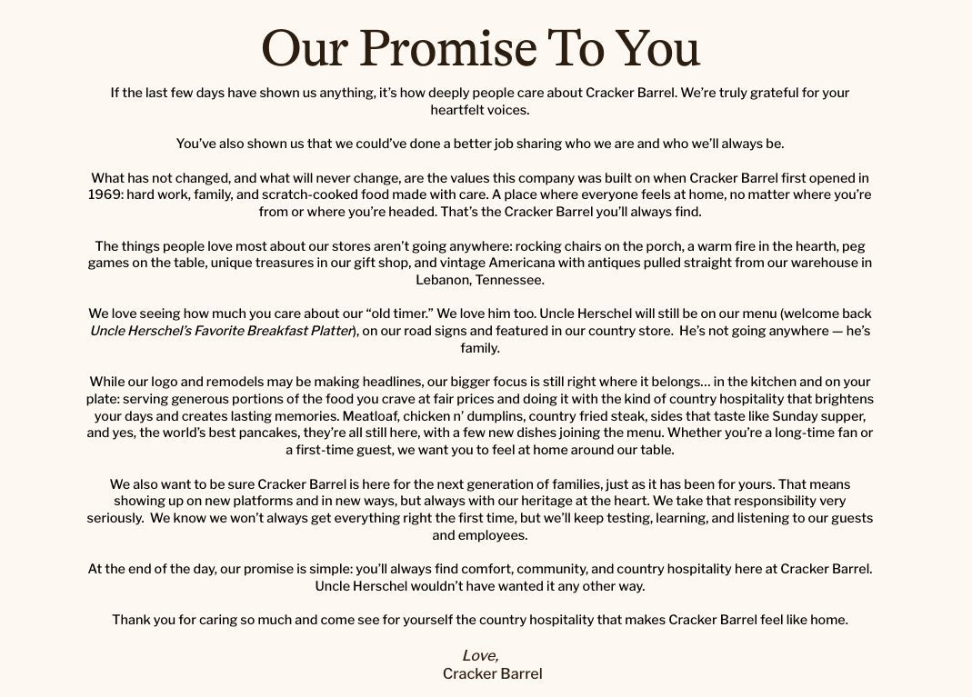 It’s too late <a href="/CrackerBarrel/">Cracker Barrel</a>. We saw  that you don’t care about tradition and your core customers. But that isn’t all. 

We see your dedication to DEI and the left wing radical agenda. And that was enough. Until you get rid of all that,

WE ARE DONE WITH CRACKER BARREL.