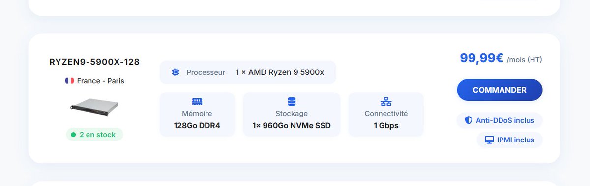 Actuellement nous avons plusieurs stocks sur les Ryzen 9 5900x, si vous êtes intéresser n'hésitez pas à utiliser le code "HOLY10" pour avoir -10% sur le produit 😄

Pour rappel les IPv4 additionnel sont à 1.50€HT/unit 
Pour /29 (8 IPv4) = 8.90€ HT au lieu de 12€ HT
Pour /28