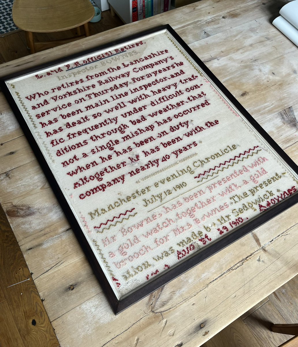 Another serendipitous auction find - this time an embroidery marking the retirement of a Victorian relative, Samuel Bownes, from the Lancashire &amp; Yorkshire Railway in 1910. 

It was made by his daughter, Anne, and carefully copies a retirement notice from The Manchester Evening