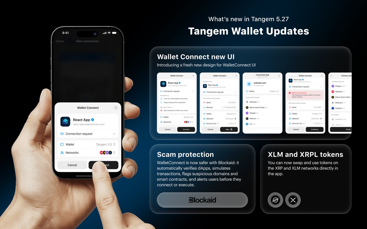New Tangem App Update 📲 

1. WalletConnect – fresh features &amp; smoother functionality 
2. Stellar (XLM) support – now with $VELO, $SHX, $USDC + more 
3. XRPL support – $RLUSD, $SOLO, $COREUM and others
  
Update now and enjoy Tangem 🖤 

Release notes: tangem.com/en/blog/post/a…