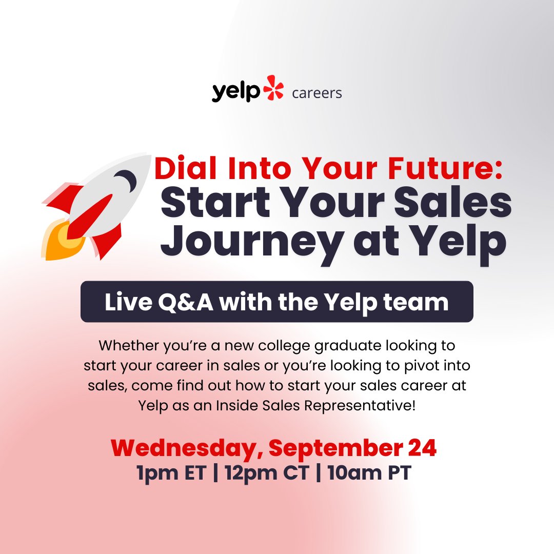 🚀 Ready to launch your sales career? Join us for Dial Into Your Future: Start Your Sales Journey at Yelp on Sep. 24! Meet our team, get an inside look at the Inside Sales Representative role, and get your questions answered. Save your spot here: tinyurl.com/3j68437y