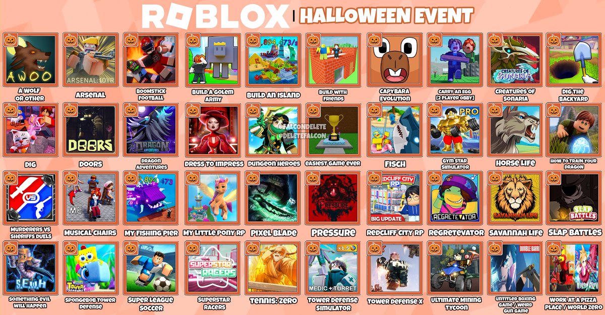 RoNews (@rogamenews) on Twitter photo Below are all the POTENTIAL Games for the upcoming Roblox Halloween Event. π
Credits: <a href="/FalconDelete/">DeleteFalcon</a>
#RobloxDevs #RobloxDev #RobloxEvent #Roblox #Halloween #New #Potential #Possible #Leak Below are all the POTENTIAL Games for the upcoming Roblox Halloween Event. π
Credits: <a href="/FalconDelete/">DeleteFalcon</a>
#RobloxDevs #RobloxDev #RobloxEvent #Roblox #Halloween #New #Potential #Possible #Leak
