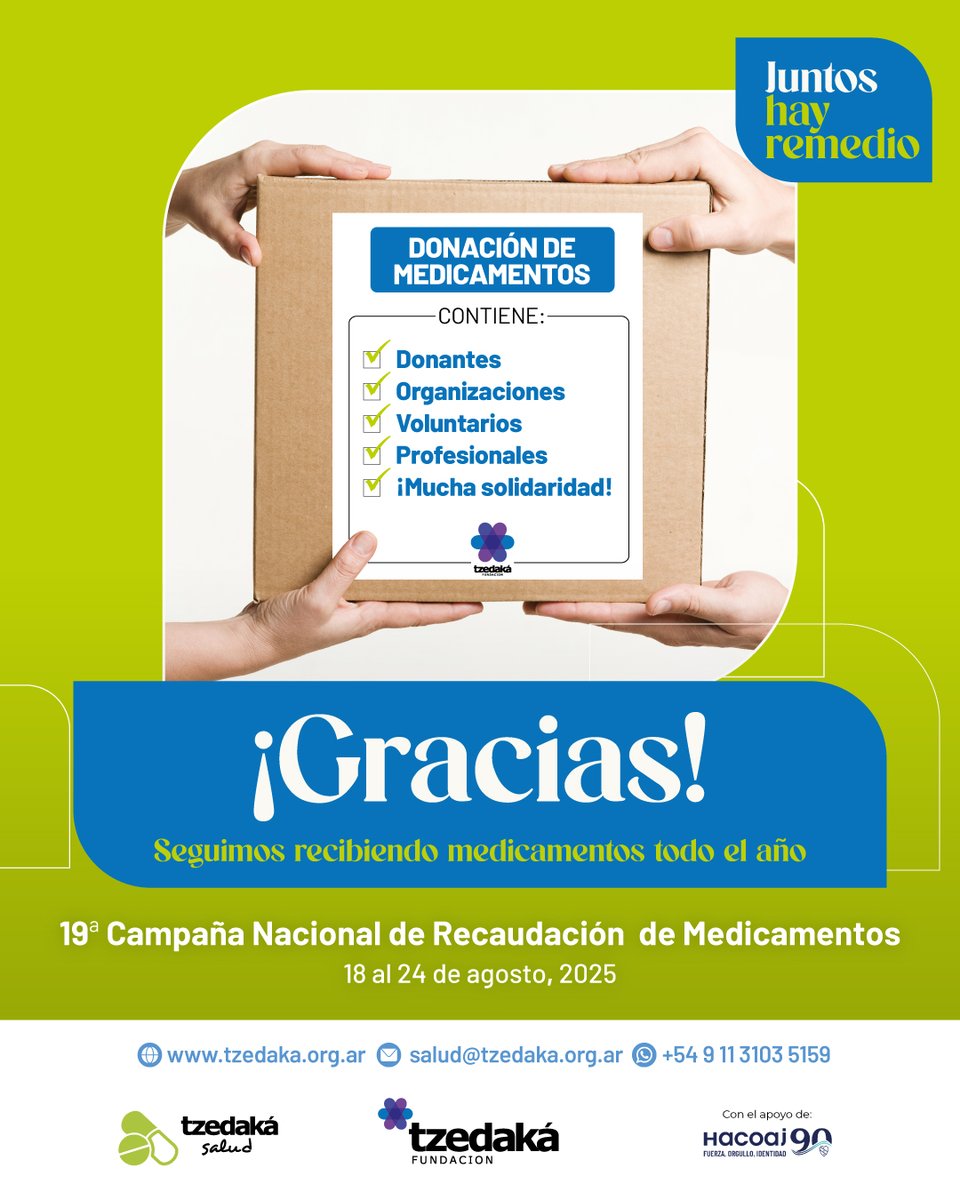 ¡Agradecemos a todos los que se sumaron!💊
La 19ª Campaña Nacional de Recaudación de Medicamentos terminó, pero en la Fundacion Tzedaká seguimos recibiendo donaciones durante todo el año.

👉 Encontrá toda la info en linktr.ee/tzedakamedicam…