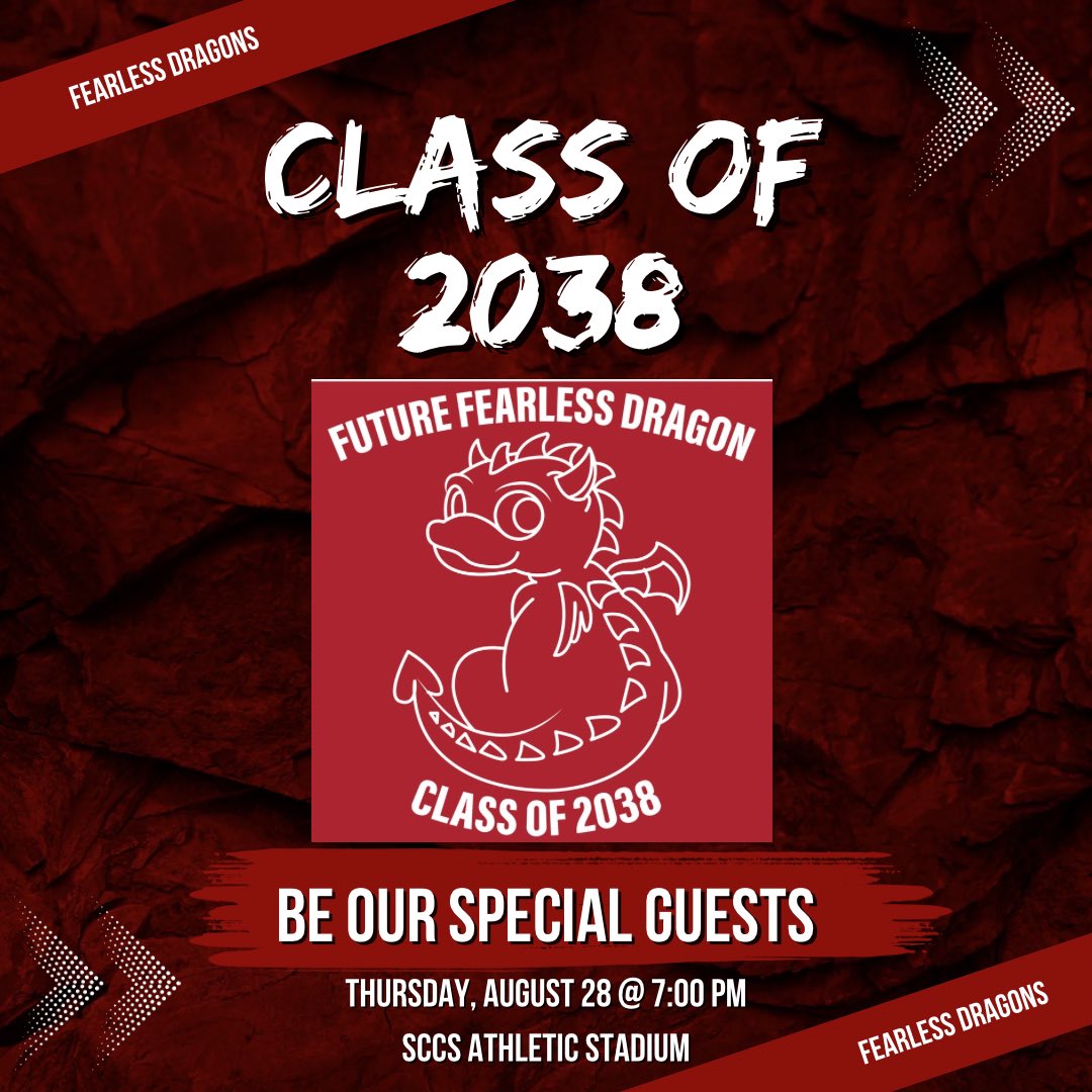 🐉 Welcome, Class of 2038! 🐉

Join us Thurs, Aug 28 @ 7PM for Varsity Football!
👕 1st 100 kinders = FREE T-shirt
🎟️ Kinder + 1 adult = FREE entry
🚶 Halftime kindergarten track walk = Dragon welcome!

#DragonPride #ClassOf2038 <a href="/swartzcreekad/">Swartz Creek Athletics</a>