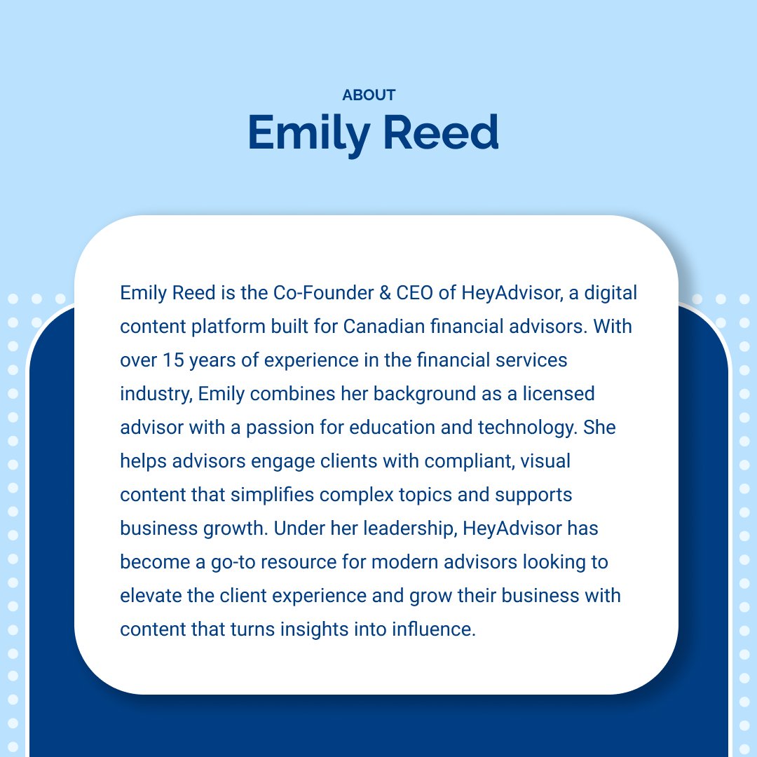 AdvisorFlow's tweet image. 🌟 Meet our guest speaker, Emily Reed, Co-Founder & CEO of @hey_advisor. With 15+ years in financial services, she helps advisors simplify complex topics & engage clients.
Join us on Tuesday, Sept 16th for our #Webinar
✍️ Register now: bit.ly/4mSAaMi