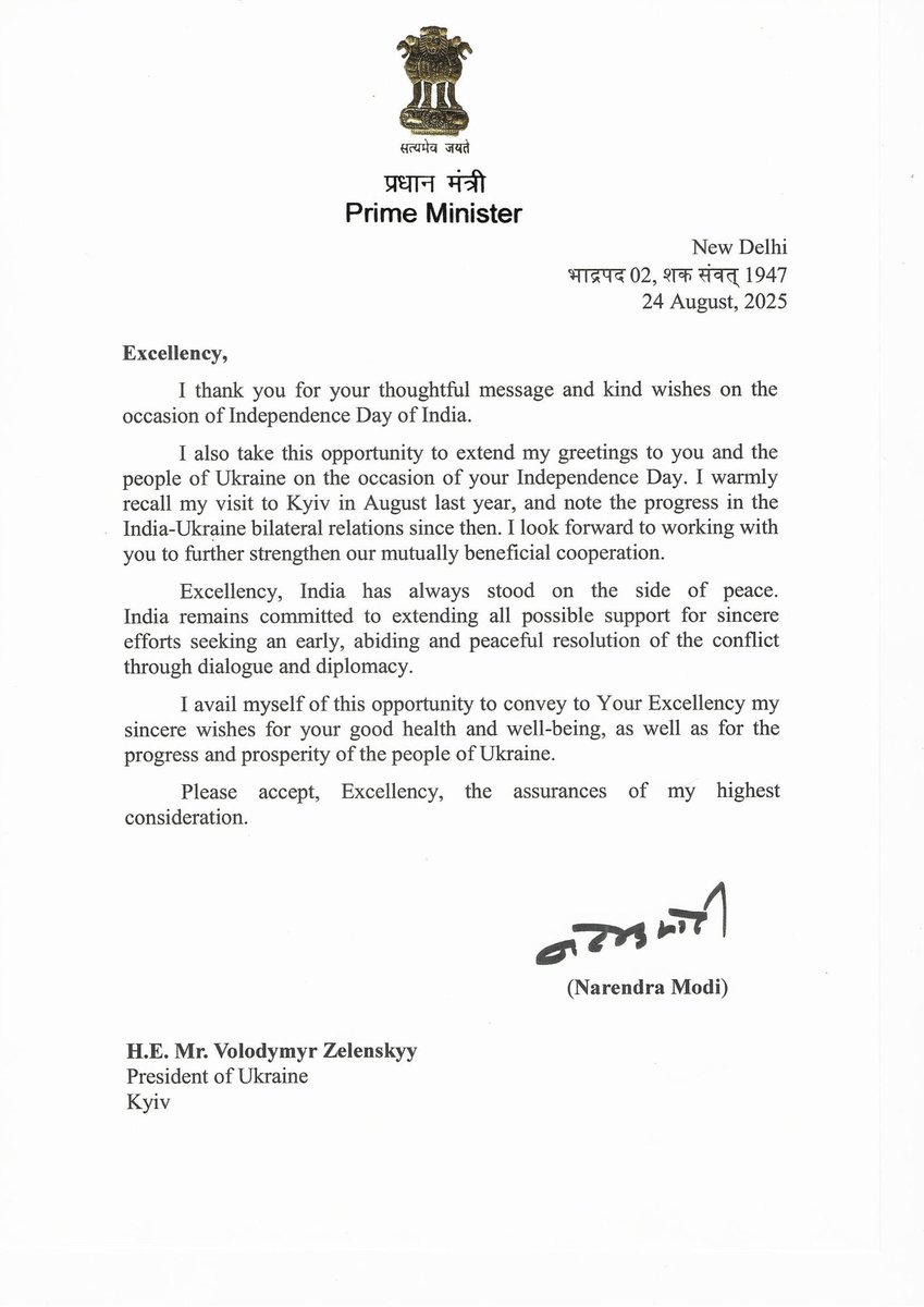 Aditya Raj Kaul (@adityarajkaul) on Twitter photo Indian Prime Minister <a href="/narendramodi/">Narendra Modi</a>’s letter to President of Ukraine <a href="/ZelenskyyUa/">Volodymyr Zelenskyy / Володимир Зеленський</a>.
“India has always stood on the side of peace. India remains committed to extending all possible support for sincere efforts seeking an early, abiding and peaceful resolution of the conflict Indian Prime Minister <a href="/narendramodi/">Narendra Modi</a>’s letter to President of Ukraine <a href="/ZelenskyyUa/">Volodymyr Zelenskyy / Володимир Зеленський</a>.
“India has always stood on the side of peace. India remains committed to extending all possible support for sincere efforts seeking an early, abiding and peaceful resolution of the conflict