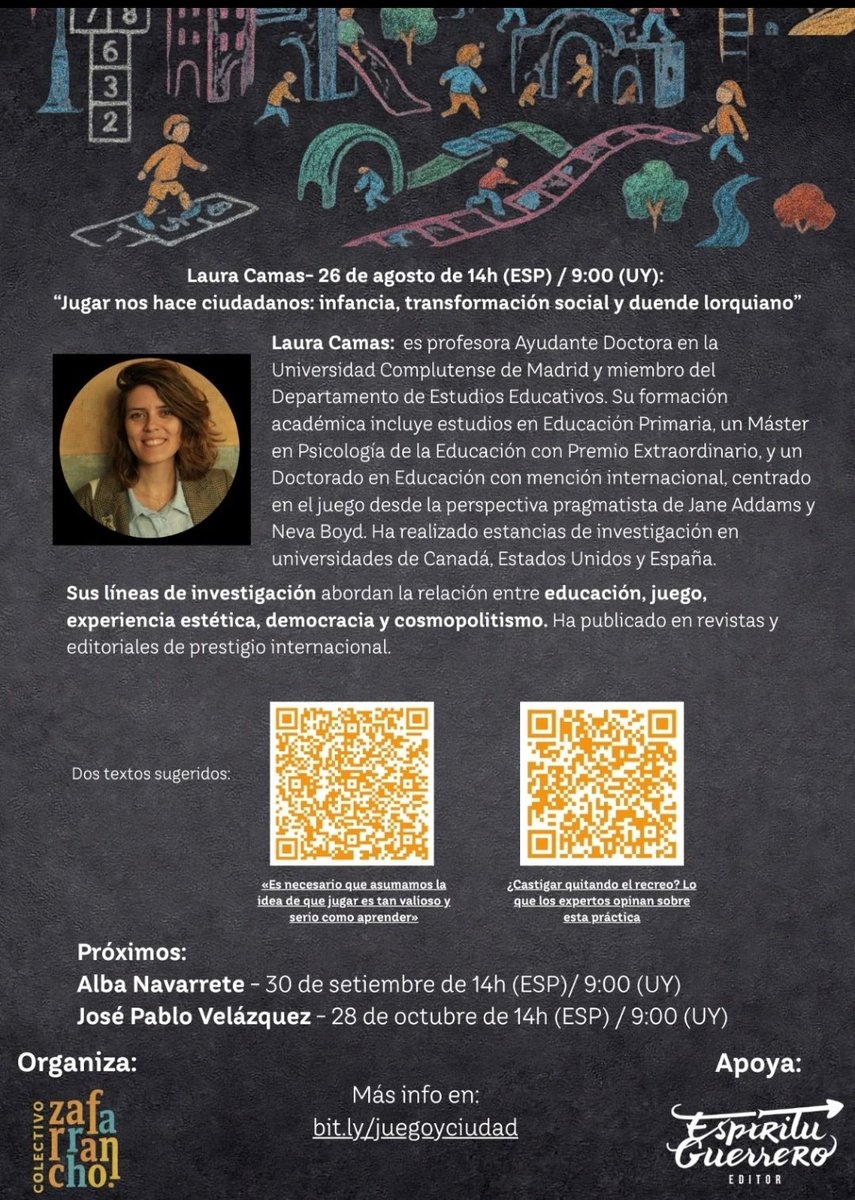 Mañana seminario dialógico con el colectivo Zafarrancho de Uruguay con la sesión "Jugar nos hace ciudadanos: infancia, transformación social y duende lorquiano". Se podrá seguir online! 🌎