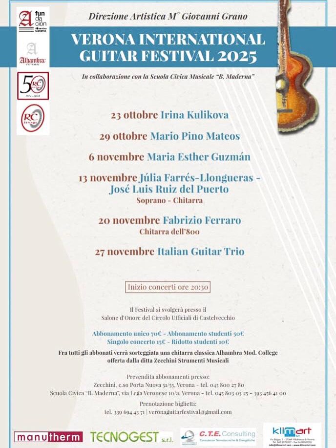 El 13 de novembre a les 20:30 h tindré el privilegi de cantar al Verona International Guitar Festival, al Salone d’Onore del Castelvecchio 🎶

✨Amb José Luis Ruiz del Puerto compartirem un programa íntim i ple d’emoció.

#VeronaGuitarFestival #GuitarraIVeu