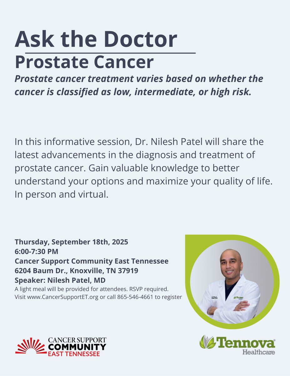 MensHlthNetwork's tweet image. Join our friends in Knoxville, TN Sept. 18th at 6 PM for #ProstateCancerMonth.

During the event, Dr. Patel will share the latest advancements in the diagnosis &amp;amp; treatment of #ProstateCancer. Learn about your options &amp;amp; maximize your quality of life. 

#PCA #MensHealth #MenHealth