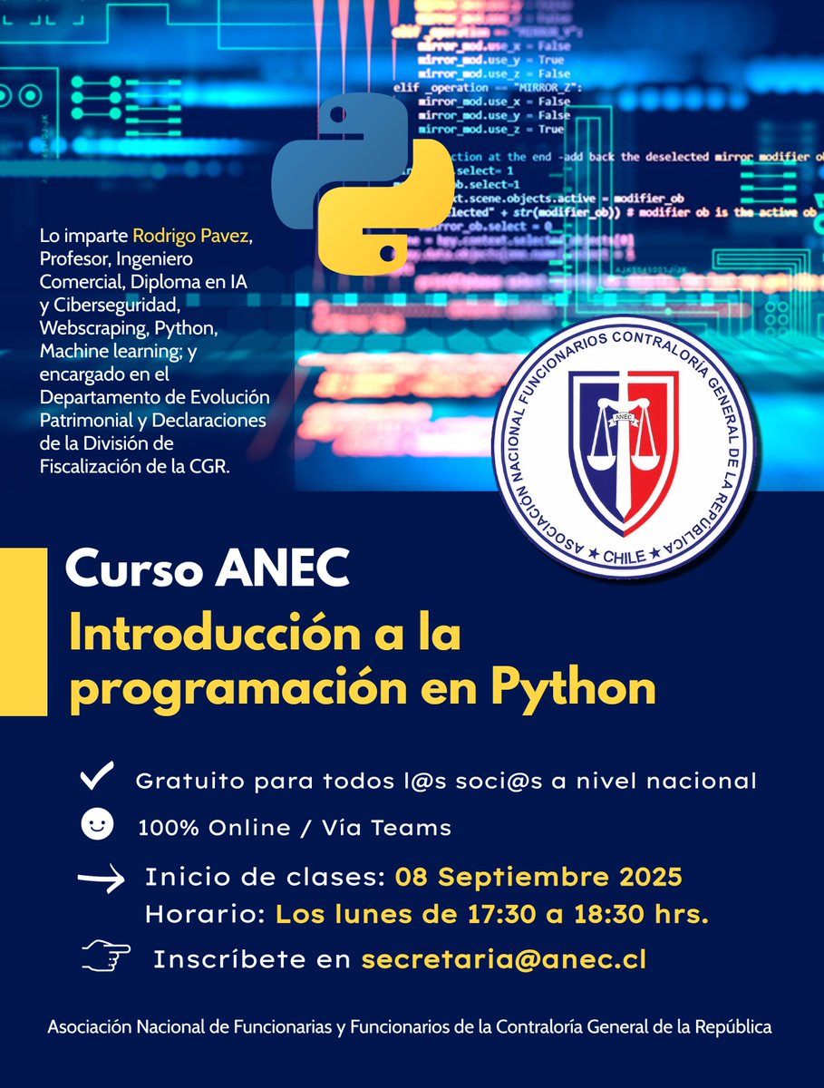 La ANEC invita a tod@s sus socias y socios a nivel nacional a participar en este curso:

✅ 100% Gratuito para socias y socios
✅ Modalidad Online vía Teams
✅ Inicio : Lunes 08 de septiembre 2025
✅ Inscripciones : secretaria@anec.cl
✅ Horario: Los lunes de 17:30 a 18:30 hrs.