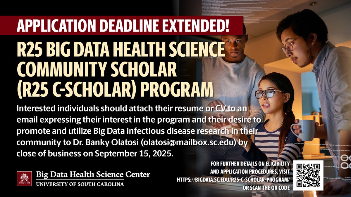 ATTENTION!!! It's not too late to apply! Deadline: September 15th. For details, please visit our website bigdata.sc.edu/r25-c-scholar-…